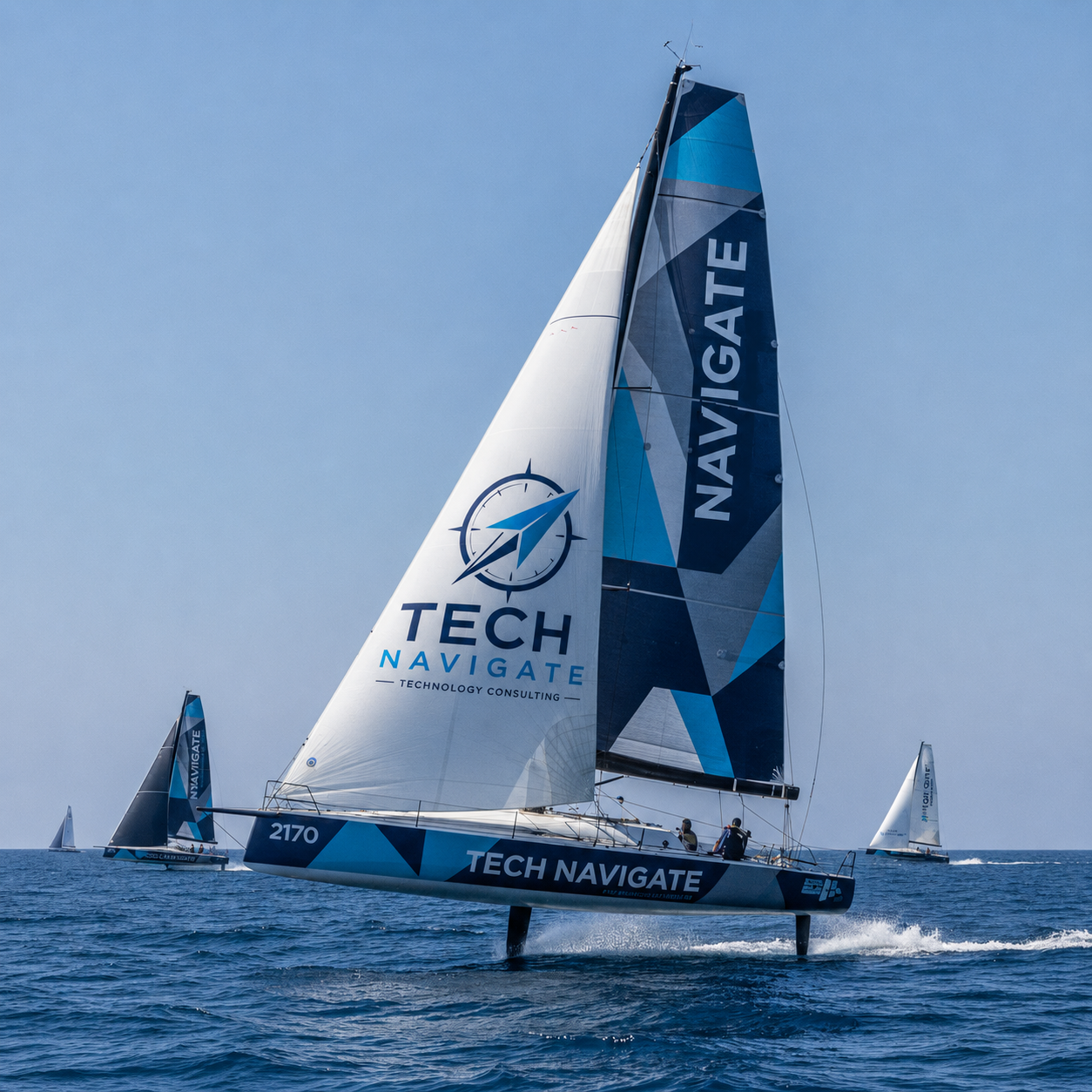 Tech Navigate branded foiling sailboat racing at speed